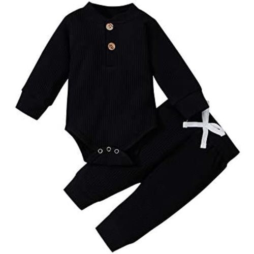 Newborn Baby Boy Girl Clothes Ribbed Knitted Cotton Long Sleeve Romper Long Pants Solid Color Fall Winter Outfits