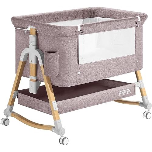 HARPPA Cuddly 3 in 1 Baby Bassinet Bedside Sleeper(Mosquito Net Included), Five-Position Adjustable Bedside Crib with Storage for Newborns, Portable Bassinet with Anchor Strap (Wood Grain, Khaki)