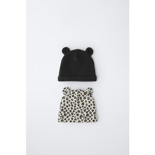 TWO-PACK OF WAFFLE KNIT EAR HATS WITH ANIMAL PRINT - Ecru | ZARA United States