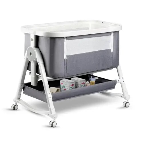 4 in 1 Baby Bassinet, Bassinet Bedside Sleeper with Wheels and Storage Basket, Adjustable 7 Heights Bedside Sleeper with Mosquito Net, Breathable Mesh Rocking Crib for Baby