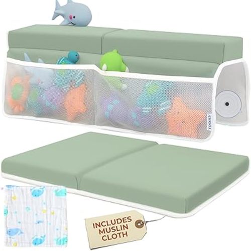 Comfortable Baby Bath Kneeler and Elbow Rest Pad Set with Whale Burp Cloth - Thick, Non-Slip, Memory Foam Kneeling Pad for Bathing Baby with Toy Storage Pockets - Easy Clean and Durable - Green