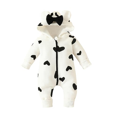 Newborn Baby Girl Hooded Jumpsuit Heart Cow Zip Up Long Sleeve Infant One Piece Romper Snowsuit Valentines Day Outfit