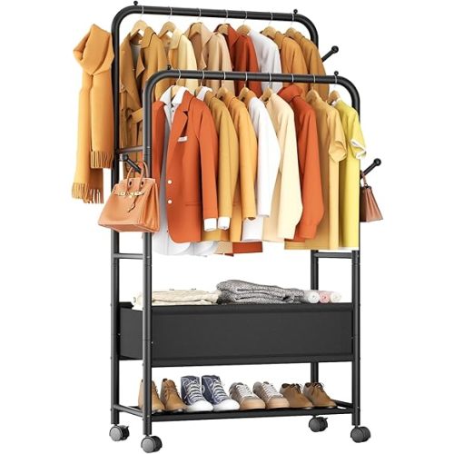 Furologee Clothing Racks for Hanging Clothes, Portable Rolling Garment Rack, Sturdy Metal Freestanding Clothes Rack with Wheels, Double Rods Wardrobe Racks for Bedroom Laundry Living Room