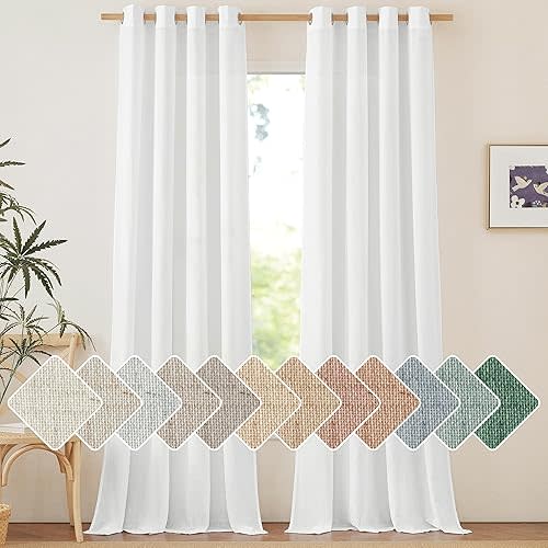 NICETOWN Linen White Curtains 96 inches Long for Farmhouse, Grommet Thick Linen Flax Drapes Privacy Added with Light Filtering Window Treatments for Bedroom/Living Room, W55 x L96, 2 Panels