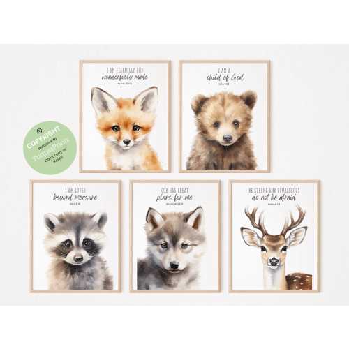 Bible verse nursery, Christian nursery, Woodland Nursery decor, Woodland animals, Gender neutral nursery, Animal posters, Baby animal prints