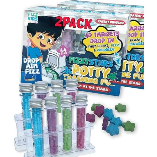 Potty Training Aid - Star Shaped Pee Targets That Make The Water Bubble and Change Color - Fun Urinal and Toilet Aim Learning Aid for Toddlers and Boys (2 Pack - 128 Stars)