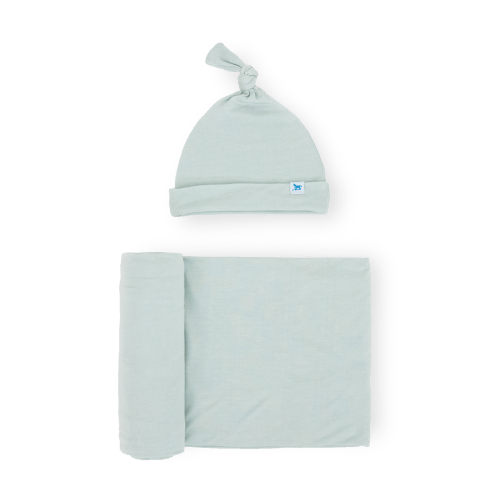 Stretch Knit Swaddle and Hat Set - Frost Green