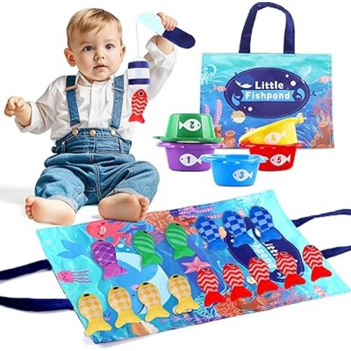 Montessori Fish Toys, 22 PCS Cloth Fishing Game for Toddlers 6 to 12 Months Girls Boys, Baby's Sensory Toy with Stacking Cups, Number Counting, Color Sorting, Fishing Game for Boy Girl Birthday Gift