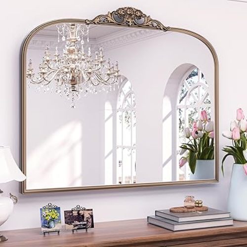 Keonjinn Brass Vintage Arched Mirror for Wall, 40" x 30" Antique Gold Mirrors with Metal Frame, Baroque Style Decoration for Mantle, Bathroom, Living Room, Fireplace, Bedroom, French Cleat Mounting