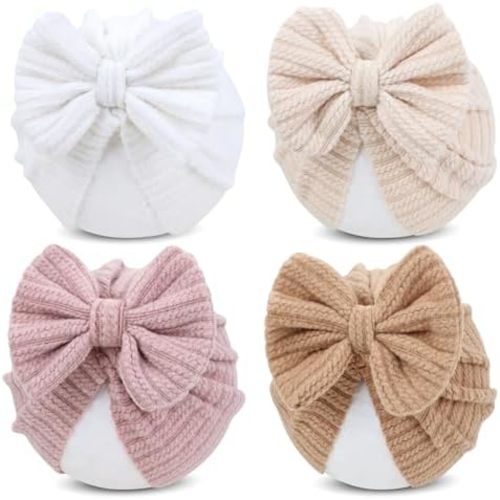 Cinaci 4 Pieces Baby Girls Turban Hats with Bow Newborn Hospital Caps Bonnet Beanies Headwraps for Infants Toddlers