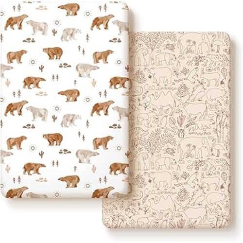 Stretchy Ultra Soft Jersey Knit Pack n Play Sheets Set 2 Pack, Portable/Mini Crib Sheets for Boys and Girls, Universal Fit for Pack N Plays Safe and Snug, Stylish Playard Sheets of Cute Animals Print