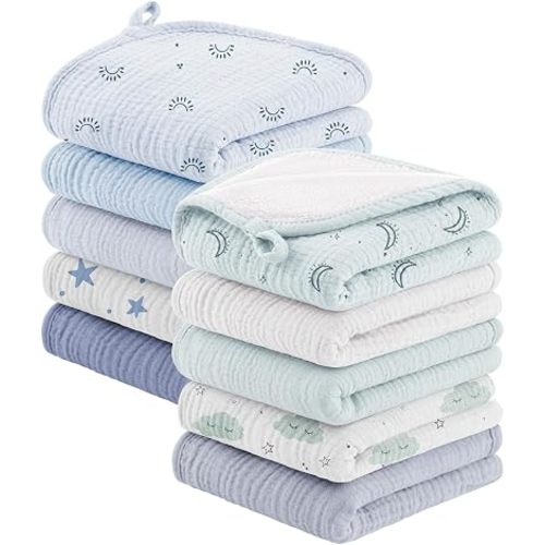 Bearmoss 10 Pack Muslin Burp Cloths, Soft Absorbent Baby Burping Cloths for Unisex Boys and Girls, Newborn Essentials Large Extra Washcloths, 20x10 inches