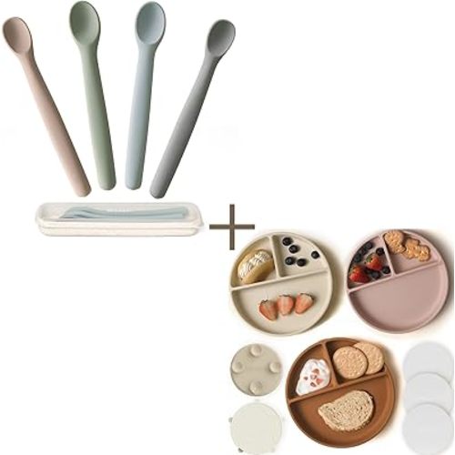 Moonkie Baby Feeding Set | 4 Silicone Spoons with Case + 3 Suction Plates with Lids | BPA-Free, Divided Plates, Chewproof Spoons, Microwave & Dishwasher Safe for Babies & Toddlers