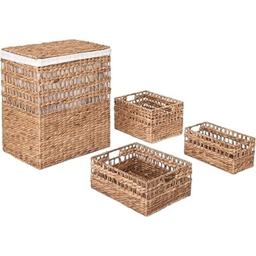 Seville Classics Premium Natural Handwoven Portable Laundry Bin Basket with Carrying Handles, Household Storage for Clothes, Linens, Sheets, Rattan, 3-Piece Hamper Set