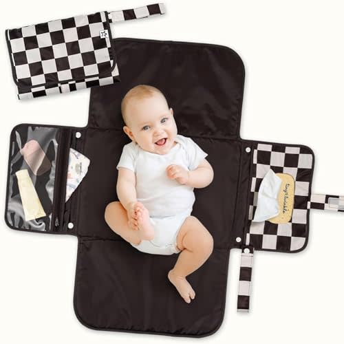 Tiny Twinkle Portable Diaper Changing Pad | Waterproof, Wipeable & Compact Baby Changing Pad for Travel | Smart Wipes Pocket & Organized Storage| Newborn Shower Gift (Black Checkers)