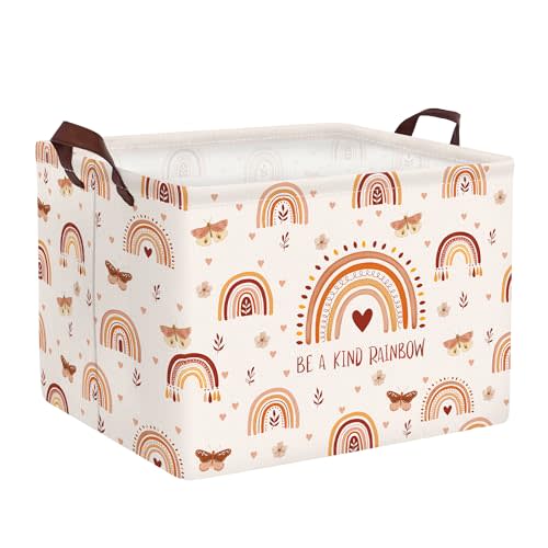 Clastyle Boho Rainbow Toy Basket Rectangle Butterfly Flower Pink Girl Basket Kid Room Decor Clothes Nursery Hamper Baby Gift Book Shelf Basket