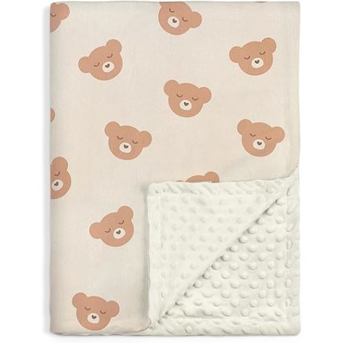 Bear Baby Blanket 30 x 40 Inches, Soft Plush Receiving Blanket with Dotted Back
