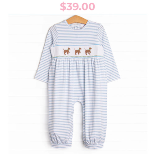 Puppy Present Smocked Romper, Blue – Stitchy Fish