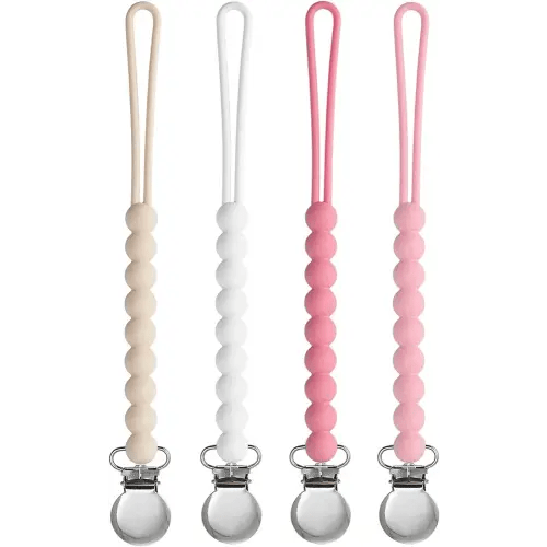 Pacifier Clip for Boys Girls - MORIBOX 4 Pack Paci Clip Soothie Baby Binky Holder for Shower Gift Birthday (Beige+White+Pink+Dpink)