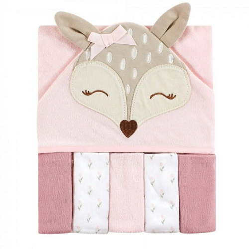 Hudson Baby Infant Girl Hooded Towel and Five Washcloths, Fawn, One Size