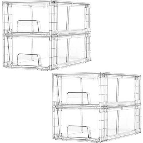 Vtopmart 4 Pack Stackable Storage Drawers,Clear Acrylic Drawer Organizers with Handles, Easily Assemble for Fridge, Bathroom,Kitchen Undersink,Cabinet,Pantry Organization and Storage