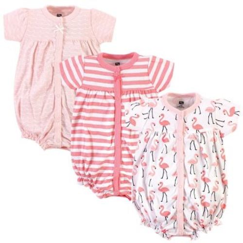 Hudson Baby Infant Girls Cotton Rompers 3pk, Coral Flamingo, 3-6 Months