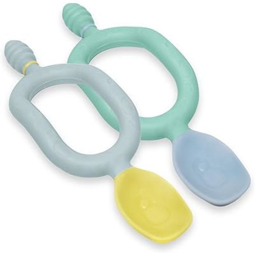 Bibado - Dippit Baby Spoon and Dipper, Green & Grey (2-Pack) - Soft, Chewable Dipper & Deep Spoon - Two-Hand, Sensory Grip - Toddler Utensils - Baby Led Weaning Supplies - Baby Essentials - 6 Months+