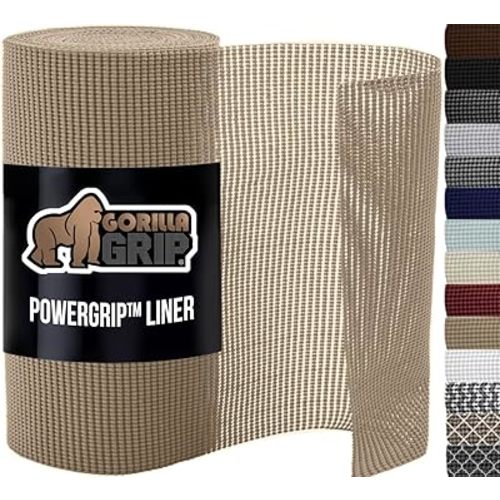 GORILLA GRIP powerGRIP Drawer Shelf and Cabinet Liner, Thick Strong Hold, Non-Adhesive Liners Protect Kitchen Cabinets and Cupboard, Bathroom Drawers, Easy Install, Breathable Mat, 12" x20', Beige