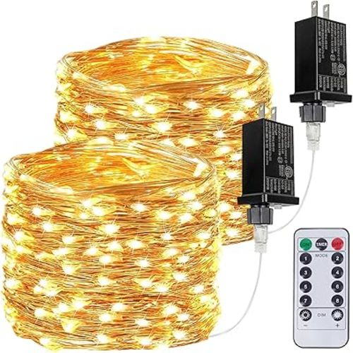 2Pack Each 66Ft 100 LED Fairy Lights Plug in with Remote, Waterproof String Lights Outdoor & Indoor, String Lights 8 Modes with Timer, Twinkle Light for Girl's Room Christmas Decorations (Warm White)