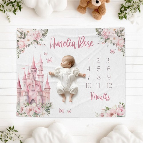 Princess Baby Milestone Blanket Custom Name Blanket Fairytale Princess New Baby Month Tracker Blanket Personalized Baby Shower Keepsake Gift