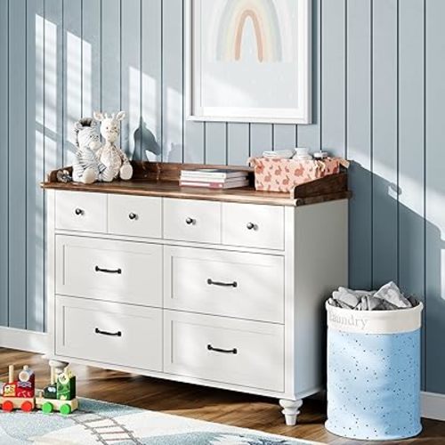 FITUEYES White Dresser for Bedroom with 6 Drawers, Baby Kids Dressers with Wide Chest of Drawers, Mid Century Modern Closet Storage Organizer, Wooden Dressers for Living Room, Nursery, Hallway