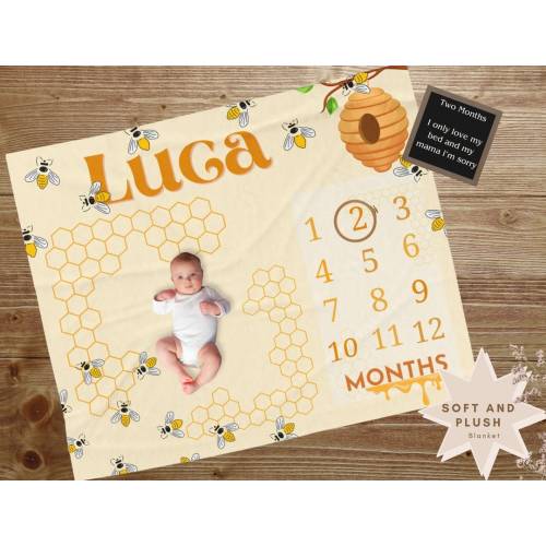 Bumble Bee Milestone Blanket, Personalized Baby Blanket, Custom Blanket, New Baby Gift, Monthly Growth Tracker, Baby Shower Gift photo prop