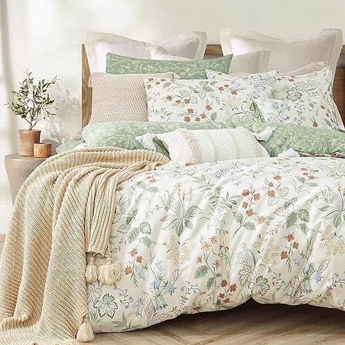 Natural Cotton 2pcs Botanical Comforter Sets Twin Size-Green Comforter with Red & Blue Flowers,Gray Leaves on Off-White, Reversible Lightweight Bedding Sets(Twin 68"×90")