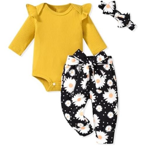 Aalizzwell Preemie Newborn Infant Baby Girls Clothes Ribbed Romper Bodysuit Pants Set Fall Winter Outfits