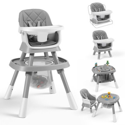 Kinder King 15 in 1 Baby High Chair, Coverts to Rotatable Activity Play Center/Infant Dining Booster Seat, Detachable Toys, Removable Tray, Gray