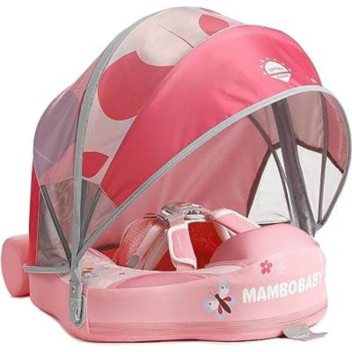 Mambobaby Float with Canopy Newest Size Improved Non Inflatable Infant Baby Pool Float Smart Mambo Float Swim Trainer Add Tail Baby Swim Float Mambo Baby Float Solid Air Free Water Waist Swimming Ring