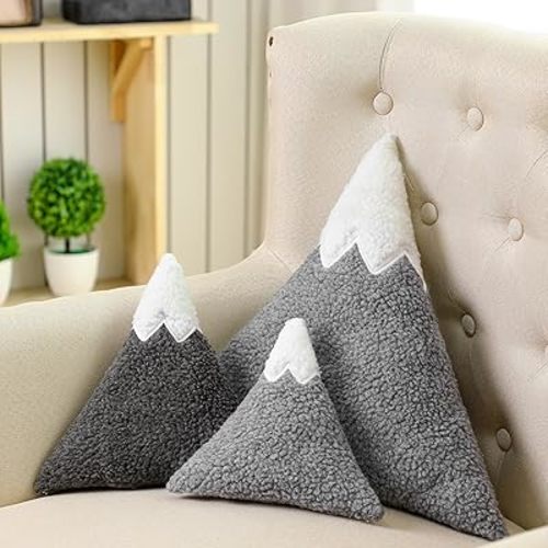 Shellwei 3 Pcs Mountain Shaped Decorative Pillow Sherpa Cute Nursery Playroom Pillow Grey and White Nursery Accessories Kawaii Decorative Pillow Gift Toy for Girls Boy Kids
