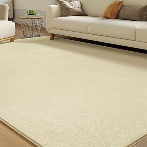Solid Washable Area Rug - 8x10 Medium Pile Faux Cashmere Carpet for Living Room Bedroom, Light Yellow