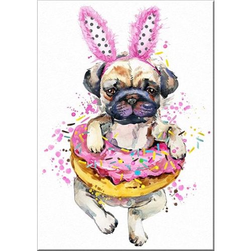 7Dots Art. Fun Popcorn, Donuts and Lollipops Dogs. Watercolor Print, Poster 8"x10" on Fine Thick Watercolor Paper for Living Room, Bedroom, Bathroom. Funny Wall Decor. (Pug Dog3)