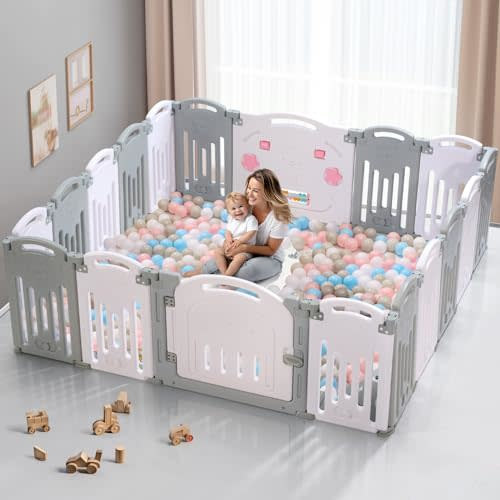 Uanlauo Baby Playpen, 18 Panel Foldable Play Yard for Toddlers, Easy Assemble Safety Baby Fence (Grey+White)