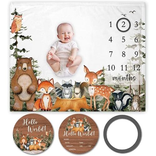 Yuzioey Woodland Baby Milestone Blanket with Birth Stat Sign, Forest Baby Growth Chart Monthly Blanket, Watch Me Grow Woodland Animals Baby Nursery for New Moms Baby Shower(50"x40")