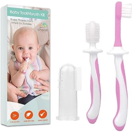 Cherish Baby Care Baby Toothbrush Set (3-24 Months) - BPA-Free Baby Finger Toothbrush, Training Toothbrush & Toddler Toothbrush - Designed in Canada - Complete Baby’s First Toothbrush Kit (Pink)
