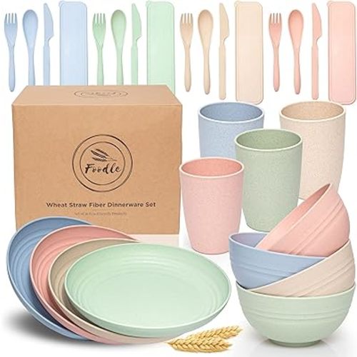 FOODLE Wheat Straw Dinnerware Sets for 4 - Lightweight & Unbreakable - Dishwasher & Microwave Safe - Toddler & Kids Plates and Bowls Sets - Plastic Plates Reusable - Perfect for RV, Camping Dishes