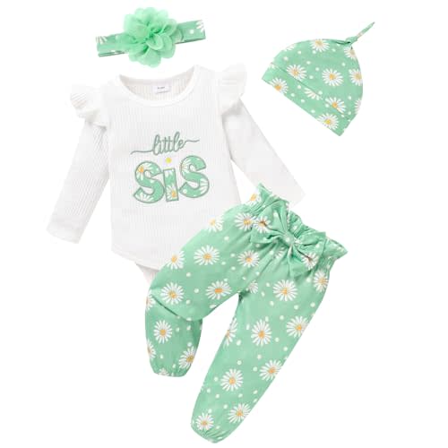 TITKKOP Newborn Baby Girls Clothes Ruffle Long Sleeve Romper Floral Pnats+Headband+Hat 4pcs Baby Girl Outfits