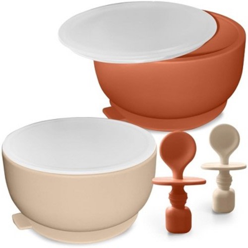 Sperric Silicone Baby Feeding Set - Infant Suction Bowls with Lids and Spoons | BPA Free Toddler Self Feeding Utensils for 0-6 Months, Color: Beige