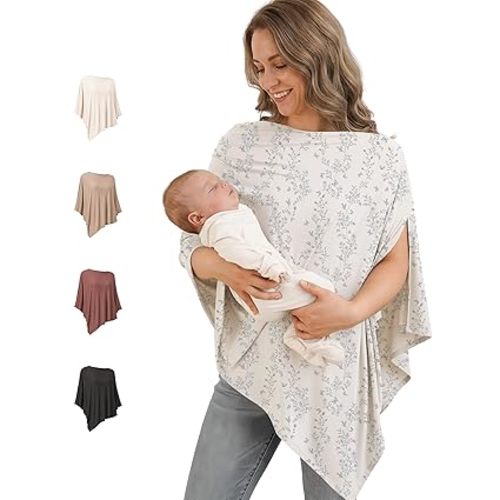 Konssy Rayon Made from Bamboo Nursing Cover for Breastfeeding, Buttery-Soft 360° Full Privacy Nursing Poncho, Breathable Stretchy Breastfeeding Cover, Multi-Use Car Seat Canopy (Blue Garden)