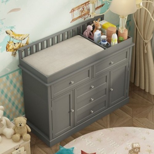 FUFU&GAGA Gray Modern Practical Changing Table Baby Top Upholstered Dressing Table with Edge Protection Baby Dresser