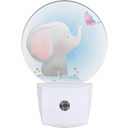EKOBLA Watercolor Elephant Night Light Cute Little Elephant Play Butterfly Night Lights Plug into Wall with Dusk to Dawn Sensor Round LED Lamp for Girls Boys Nursery