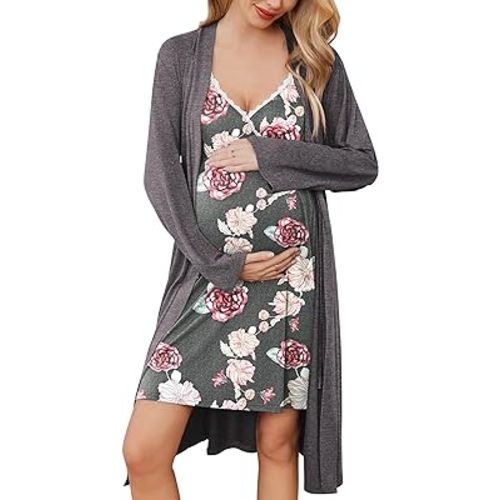 Ekouaer Womens Maternity Nursing Gown and Robe Set Labor Delivery Nuring Nightgowns for Hospital Breastfeeding Robes