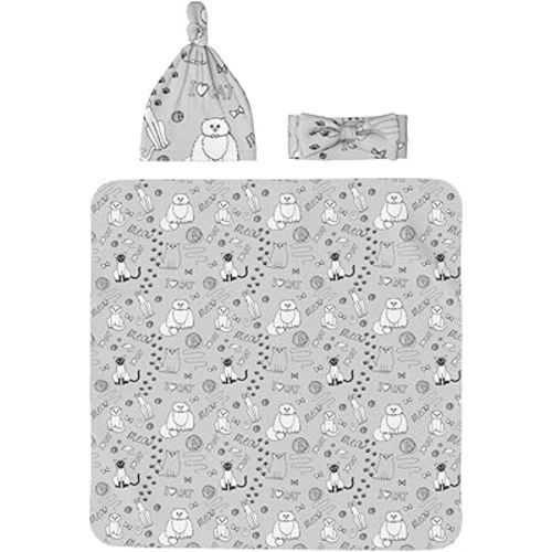 Newborn Swaddle Blanket Set Cat Print Receiving Blankets, Headband and Beanie Hat,Swaddle Sack Infant Baby Gifts